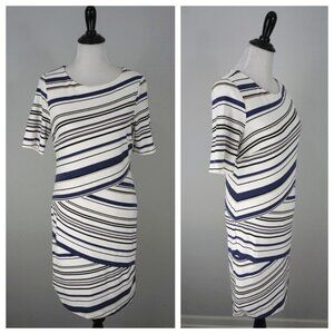 Chicos White Blue Striped Short Sleeve Stretch Sheath Career Work Dress 0 US 4